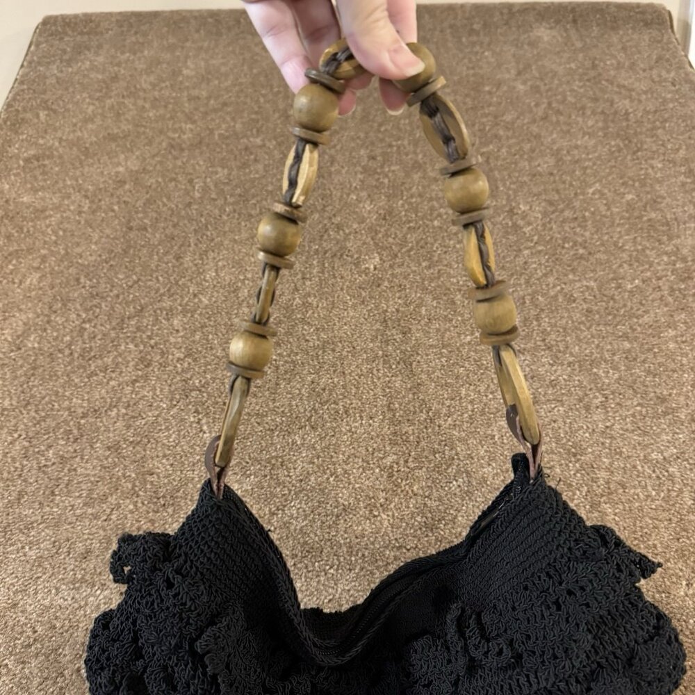 Cappelli Black Crochet Shoulder Bag With Wooden Beaded Handle Lined Interior & Z - Picture 2 of 10